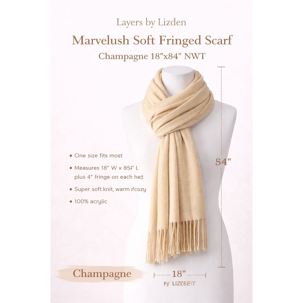 Layers by Lizden‎ Marvelush Soft Fringed Scarf Champagne Beige 18x84 NWT